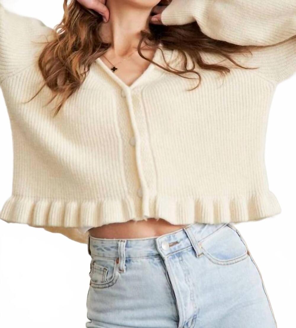 NEW ADORA long puff sleeve button down sweater cardigan with ruffle hem in ivory